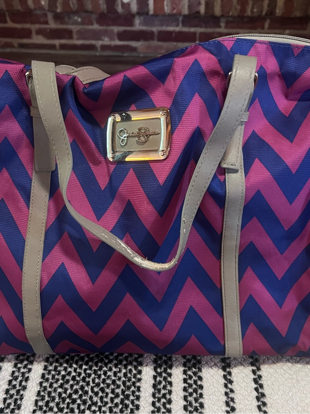 Jessica Simpson Pink and Navy Chevron Tote with Grey Straps
